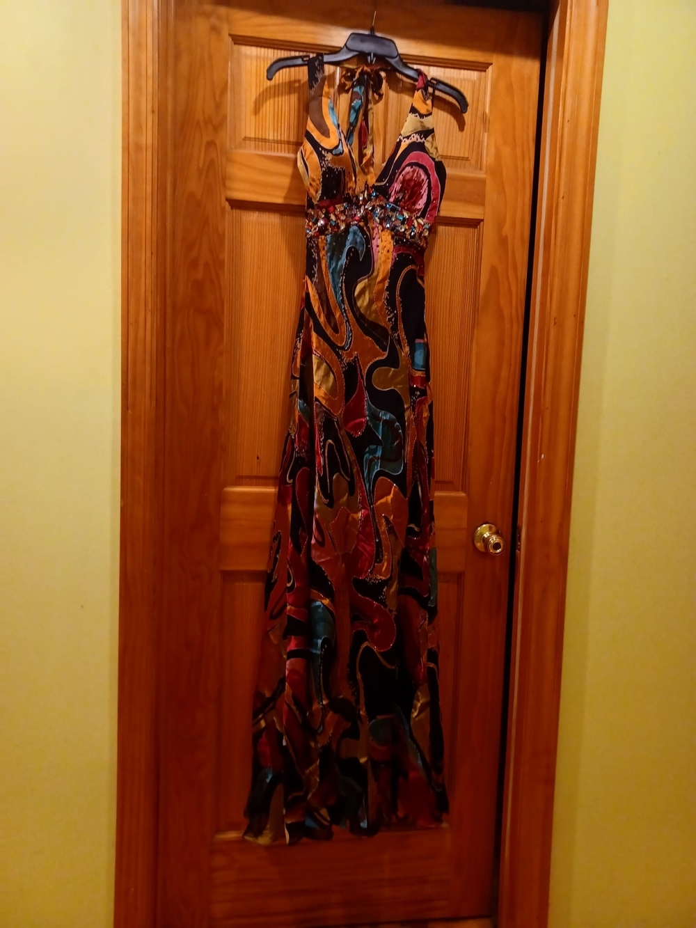 Mary L Couture Multicolor Halter Maxi Dress with Beaded Waist